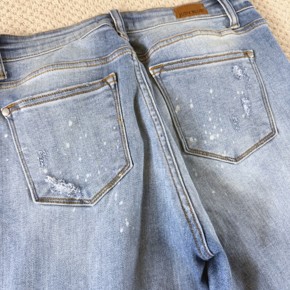 Judy Blue Boyfriend Jeans 7/28 Distressed RawHem Bleach Splatter Thrashed Ripped - Picture 10 of 10